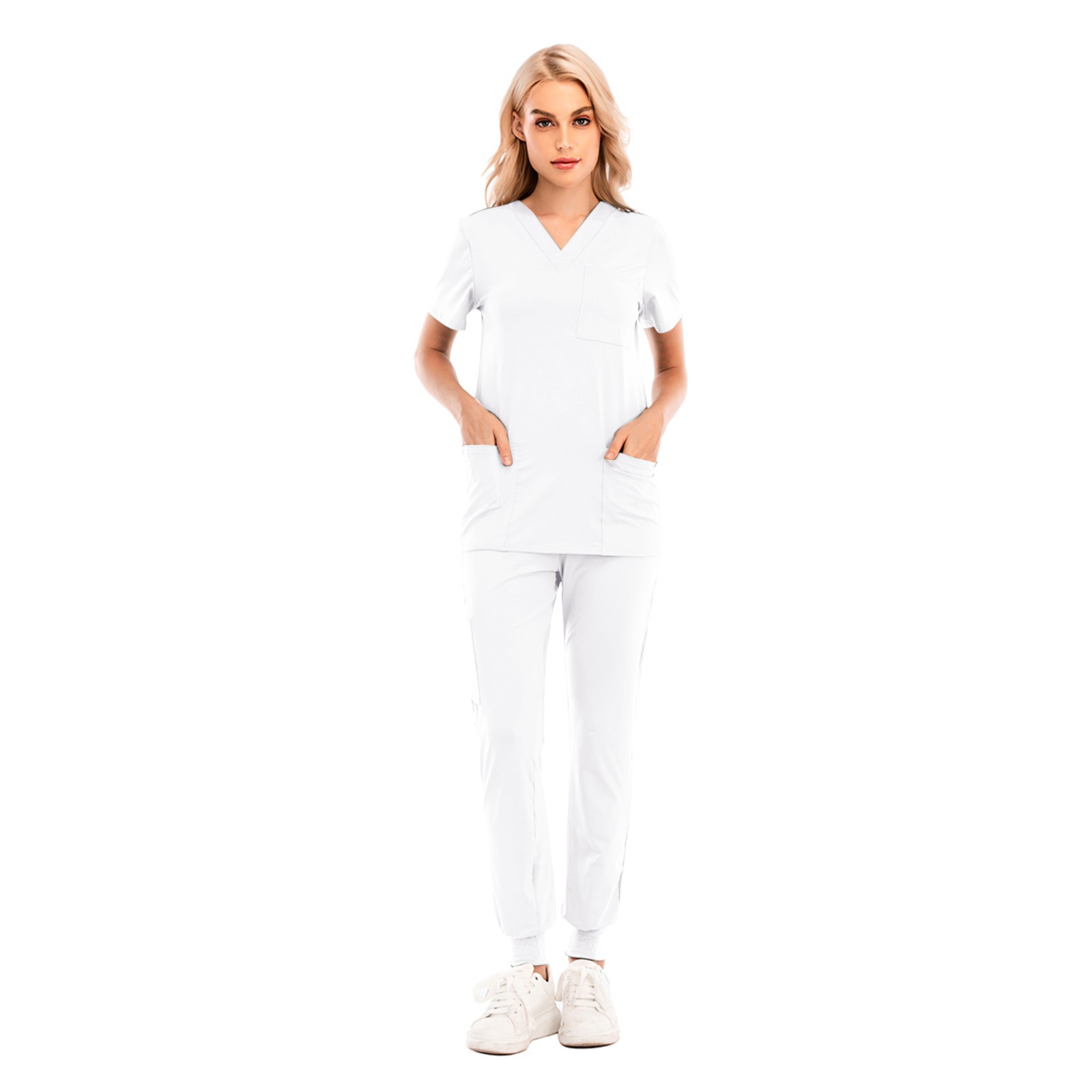 thumbnail image 4 of Conjunto de uniforme de enfermería de 2 piezas para mujer: top de manga corta con cuello en V + pantalones, poliéster, con bolsillo, verde/morado/blanco, tallas S-XXL, tallas asiáticas, 4 of 8